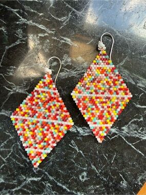 Handmade Beaded Diamond Drop Earrings - Multicolor